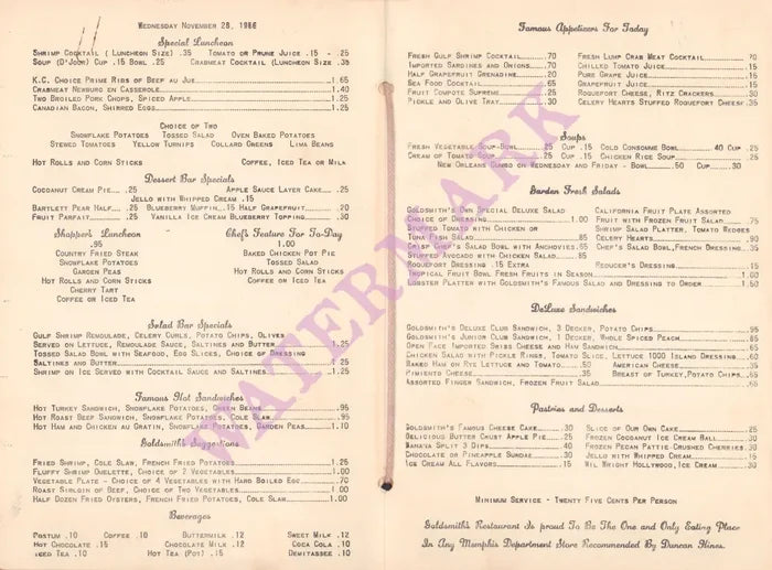 Goldsmith's, Memphis 1956 Menu