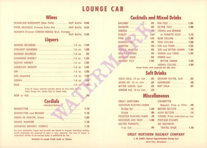 Great Northern Railway Beverages, 1960s menu