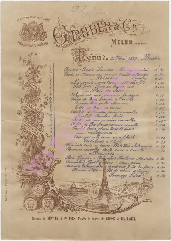Gruber, Paris 1889 Menu Art