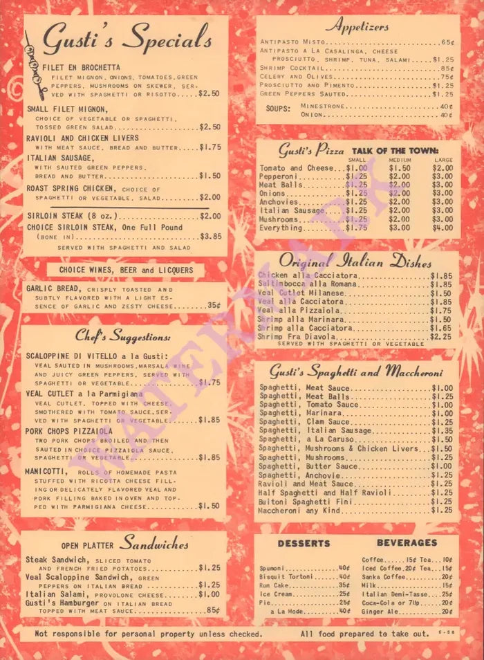 Gusti's, Washington D.C. 1958 Menu