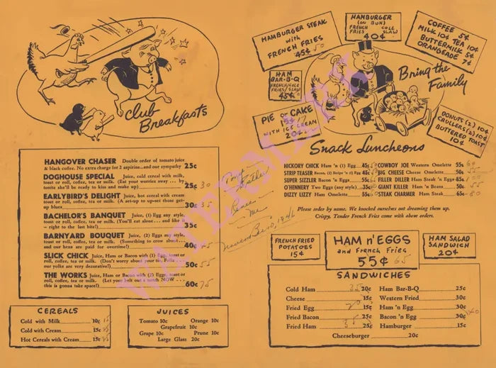 Ham ’n Eggery Pittsburgh 1946 Vintage Americana Menus