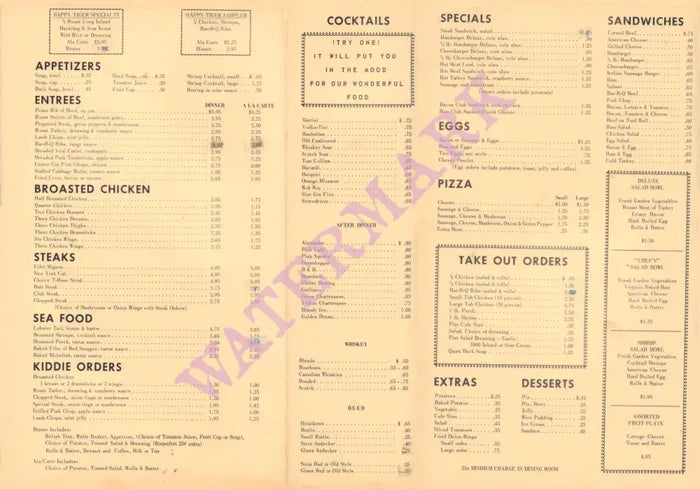 Happy Tiger, Norridge, Illinois 1960s Menu