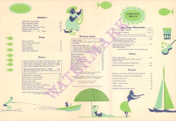 Hawaiian Village Hotel Room Service , Waikiki 1970s Stanley Stubenberg Menu