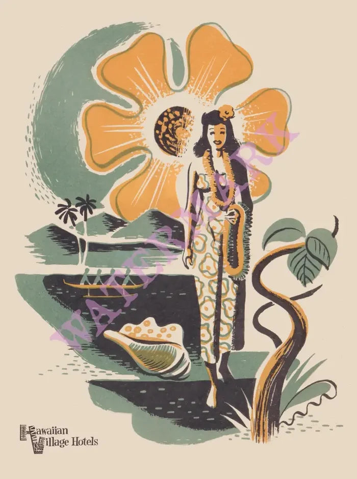 Hawaiian Village Hotels, Waikiki Beach 1960s Menu Art