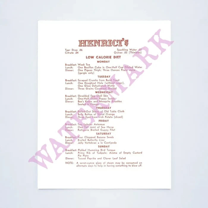 Henrici's Restaurant Unusual Diet, Chicago circa 1930s