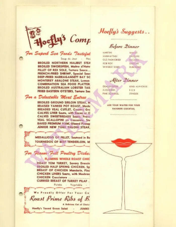 Hoefly's Cocktail Kiss, Long Beach, California 1930s Menu