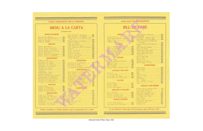 Hollywood Café, El Paso, Texas, 1933 Menu Interior
