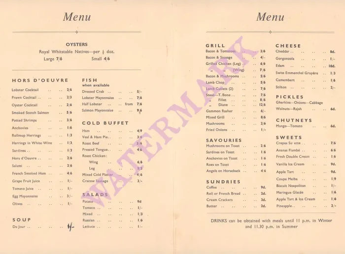 Hort's Oyster Bar & Buttery, Bristol 1960s Menu