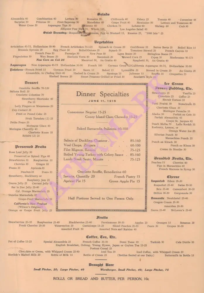 Hotel Alexandria, Los Angeles, 1915 Menu