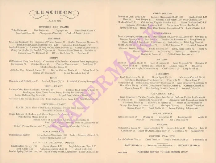 Hotel Biltmore, Los Angeles 1931 Menu