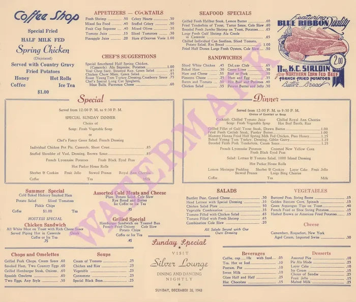 Hotel Black Coffee Shop, Oklahoma City Boxing Day 1943 Menu