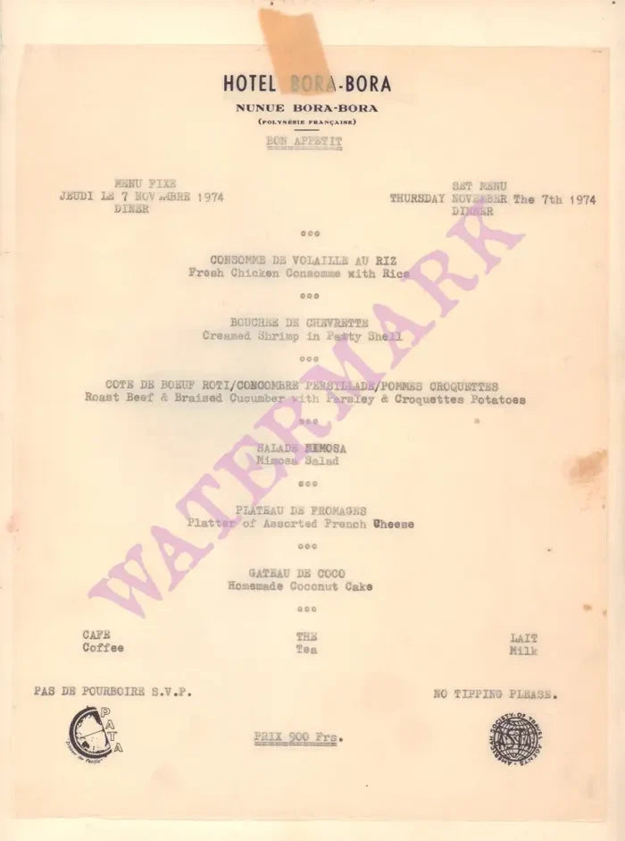 Hotel Bora Bora, French Polynesia 1974 Dinner Menu
