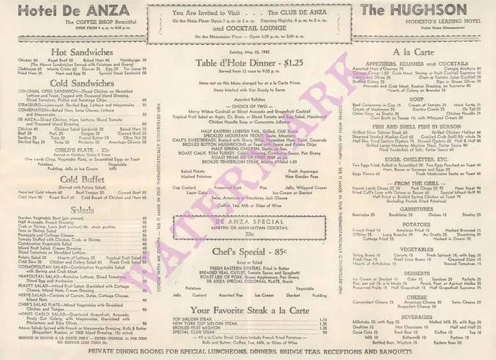 Hotel De ANZA, San Jose 1942 Menu