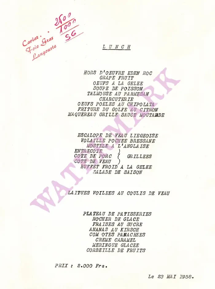 Hotel du Cap-Eden Roc, Cap d'Antibes 1958 Lunch Menu