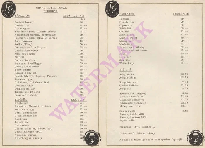 Hotel Grand Royal, Budapest drinks menu