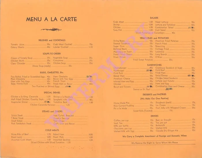 Hotel La Fonda. Taos, 1950s Menu
