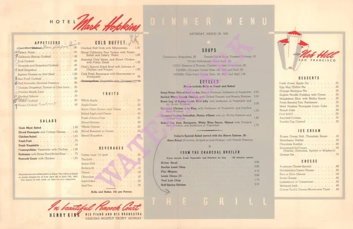 Hotel Mark Hopkins, San Francisco 1946 Menu