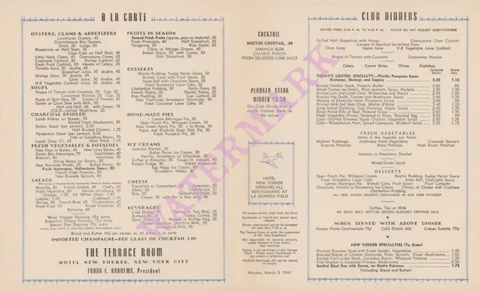 Hotel New Yorker, New York 1941 Menu