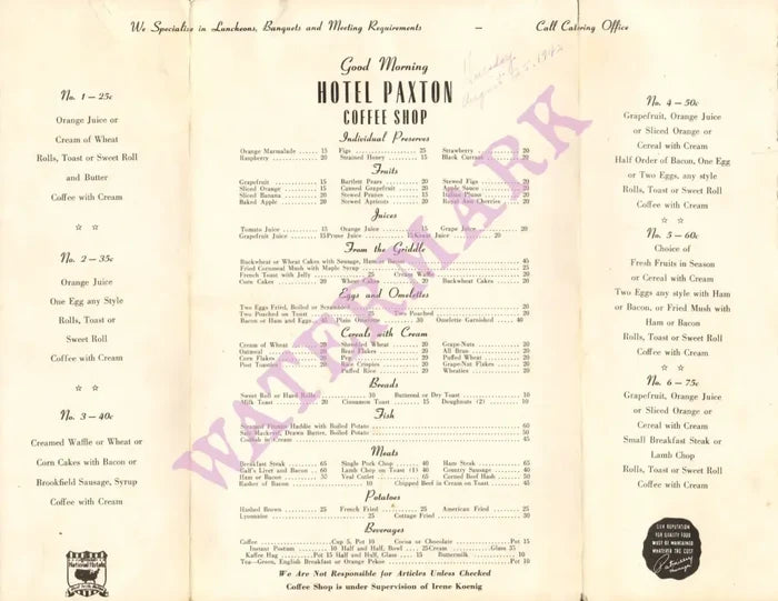 Hotel Paxton, Omaha Nebraska 1942 Menu