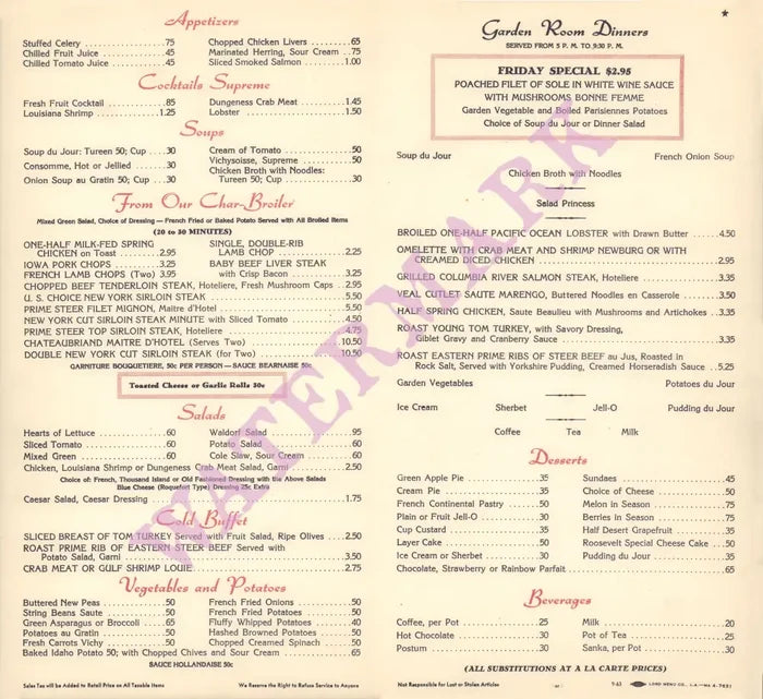Hotel Roosevelt Garden Room, Hollywood 1963 | Vintage Menu Art - food menu