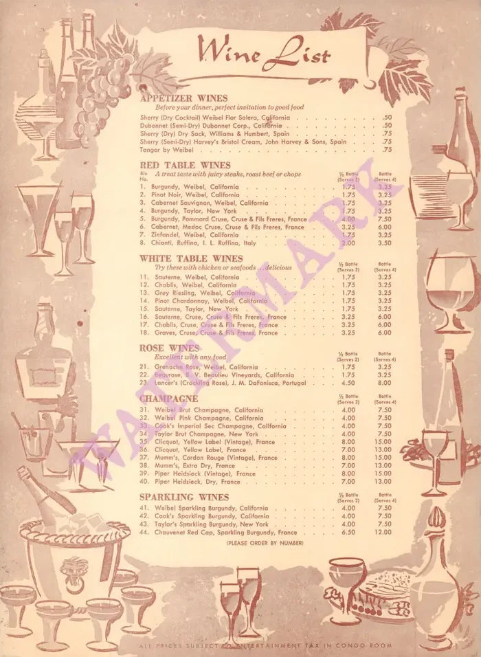 Hotel Sahara, Congo Room Wine List, Las Vegas 1957