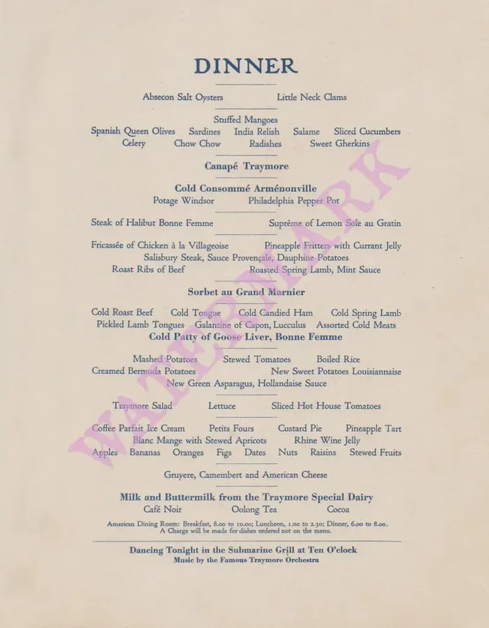 Hotel Traymore, Atlantic City 1920s Menu