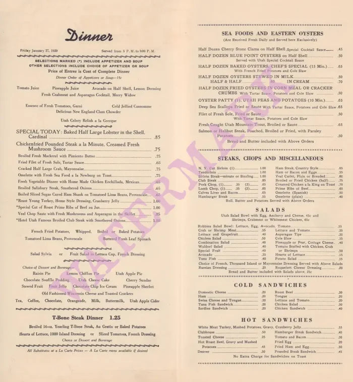 Hotel Utah, Salt Lake City 1939 Menu