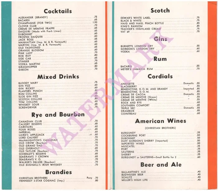 Howard Johnson's Liquors USA 1960s Menu