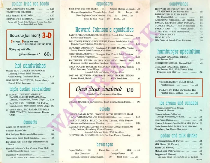 Howard Johnson’s Menu 1960s Posters Prints & Visual Artwork