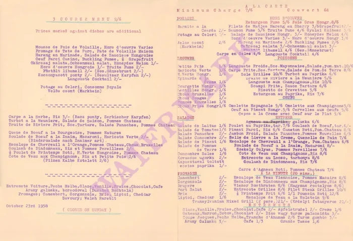 Hungarian Csarda, London 1958 Menu