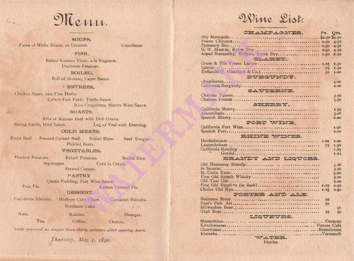 Idanha Hotel 1, Soda Springs Idaho 1890 Menu and Wine List