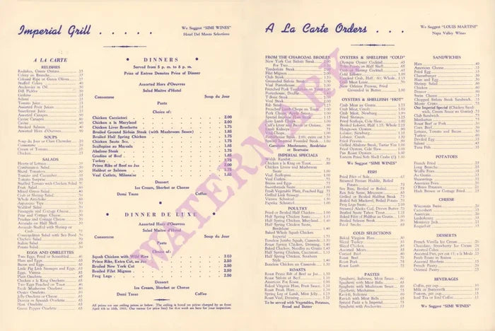 Imperial Grill & Cocktail Lounge, San Francisco 1940s Menu
