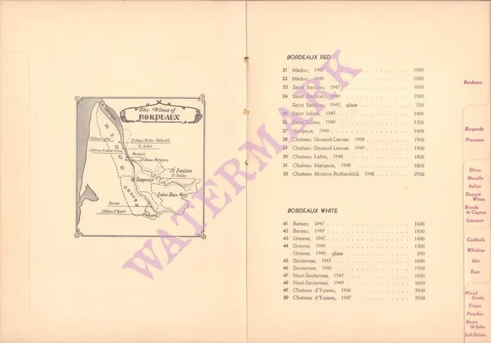Imperial Hotel Wine List, Tokyo 1950s