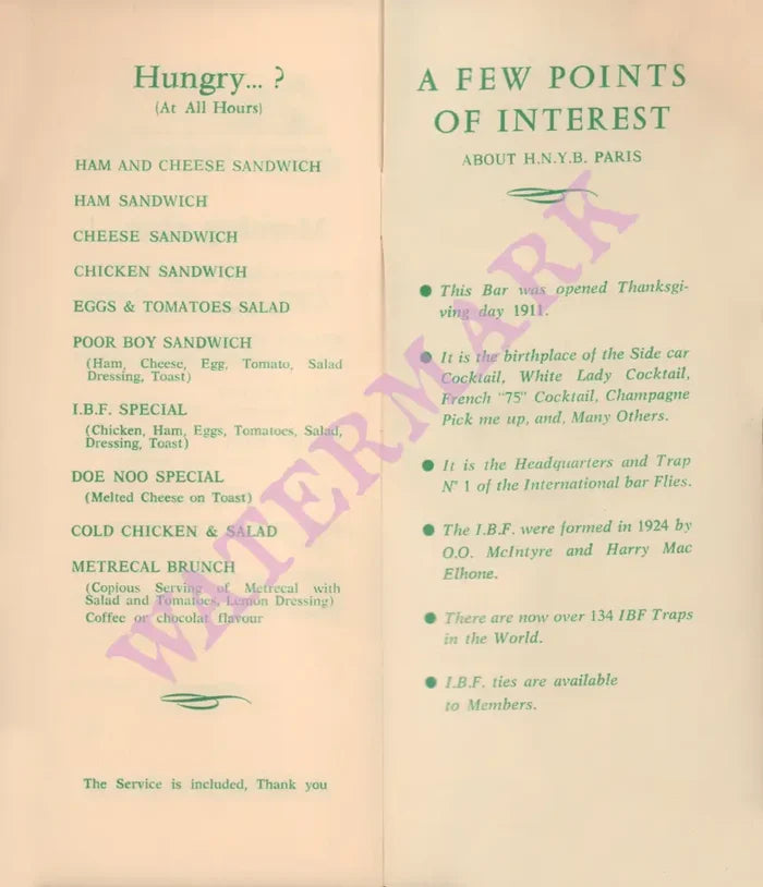 International Bar Fly Playboy Club Thatched Barn Elstree England 1960s Vintage Americana Menus