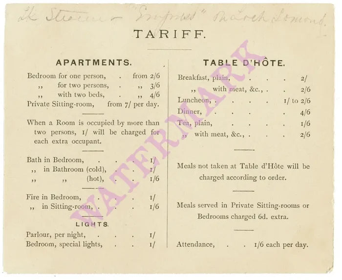 Inversnaid Hotel, Loch Lomond Scotland 1880s Menu