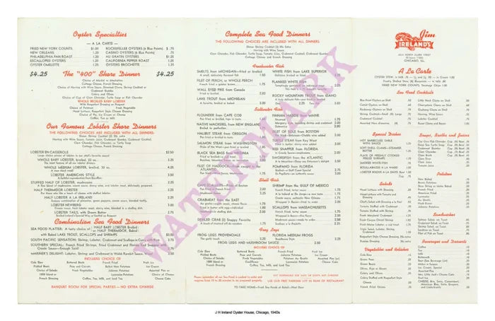J H Ireland Chicago 1940s Vintage Menu Interior
