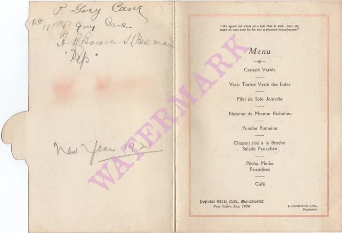 J Lyons Popular State Cafe, Manchester, New Year's Eve Menu