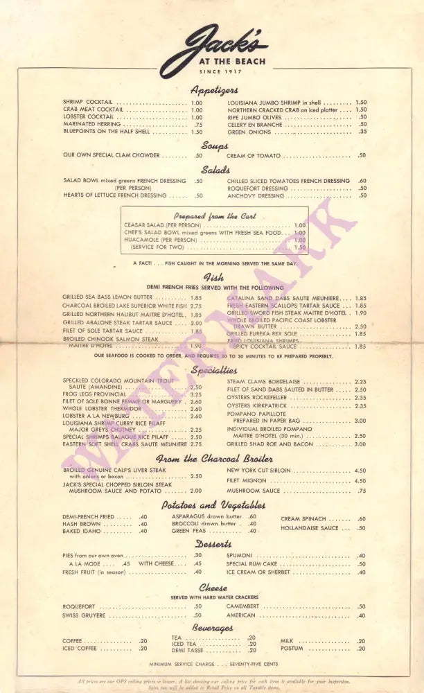 Jack's At The Beach, Santa Monica 1940s (WW2) Menu