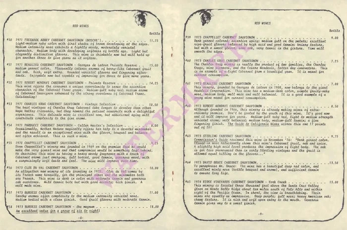 Jake's, Pewaukee WI 1970s Red Wine List