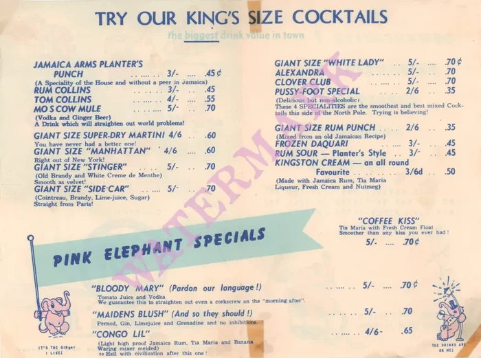 Jamaica Arms, Kingston, Jamaica 1968 Menu
