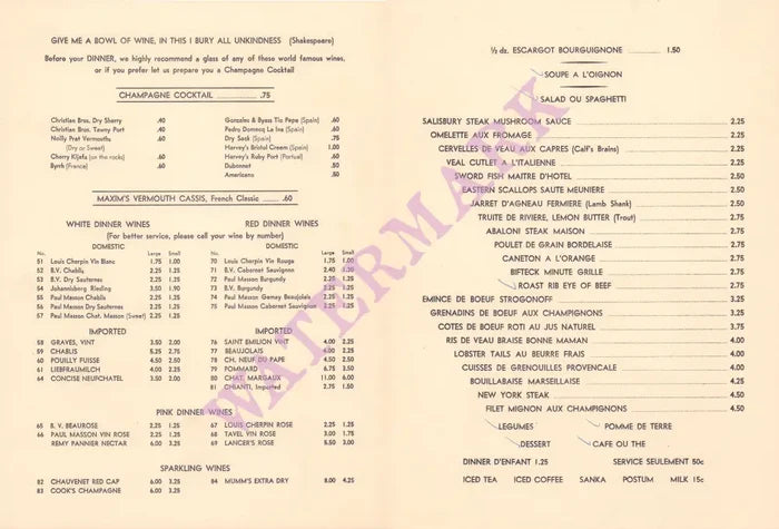 Jean's Blue Room, Sherman Oaks 1960s Menu