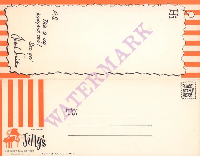 Jilly's, New York 1960s Menu Art Frank Sinatra
