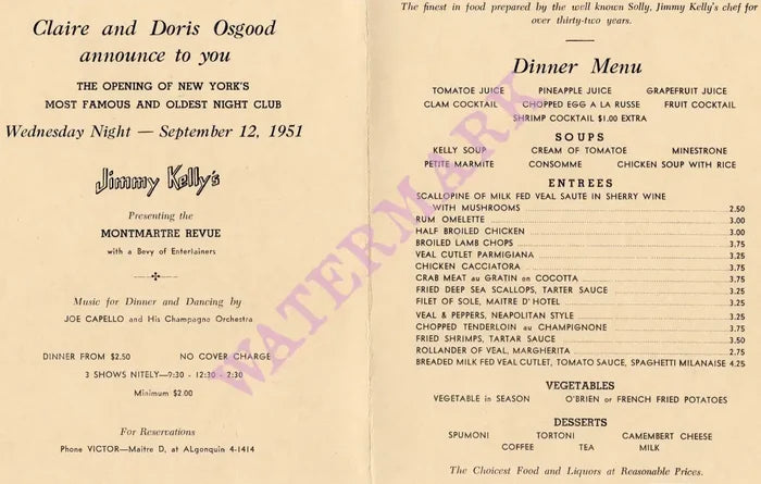 Jimmy Kelly's Nightclub, New York 1951 Menu