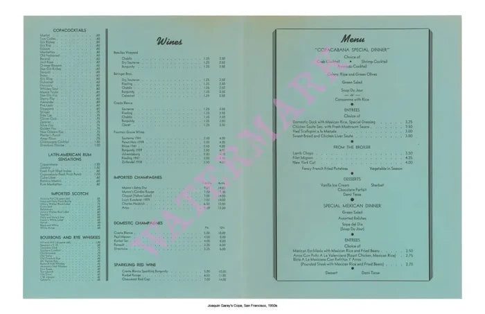 Joaquin Garay's Copa, San Francisco, 1950s Vintage Menu