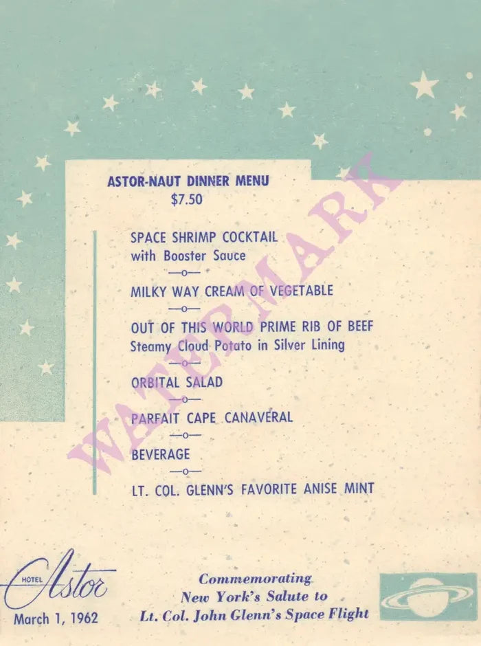 John Glenn, Astor-Naught Dinner, New York 1962 Hotel Astor Menu Art