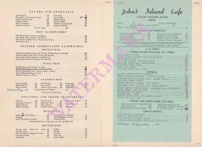 John's Island Cafe, Santa Catalina 1940s/50s Menu