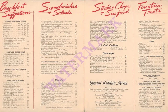 Jolly Joan, Portland Oregon 1940s Menu