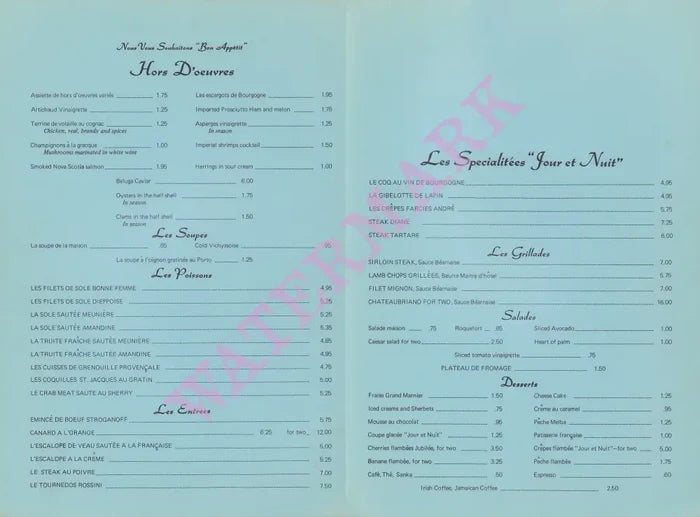 Jour et Nuit, Washington D.C. 1970s Menu