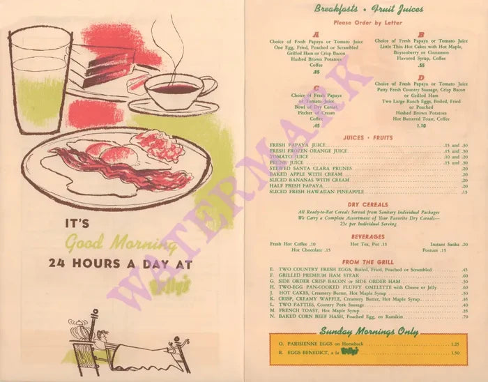 Kelly's Drive-In, Honolulu 1950s Breakfast Menu