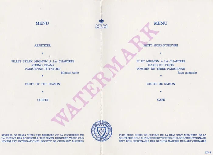 KLM 1960s in-flight menu